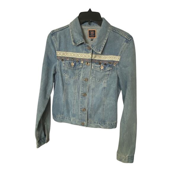 BOOMBOOM Size M Embroidered Jean Jacket Light Denim Pom Tassel Southwestern Boho - Picture 1 of 11